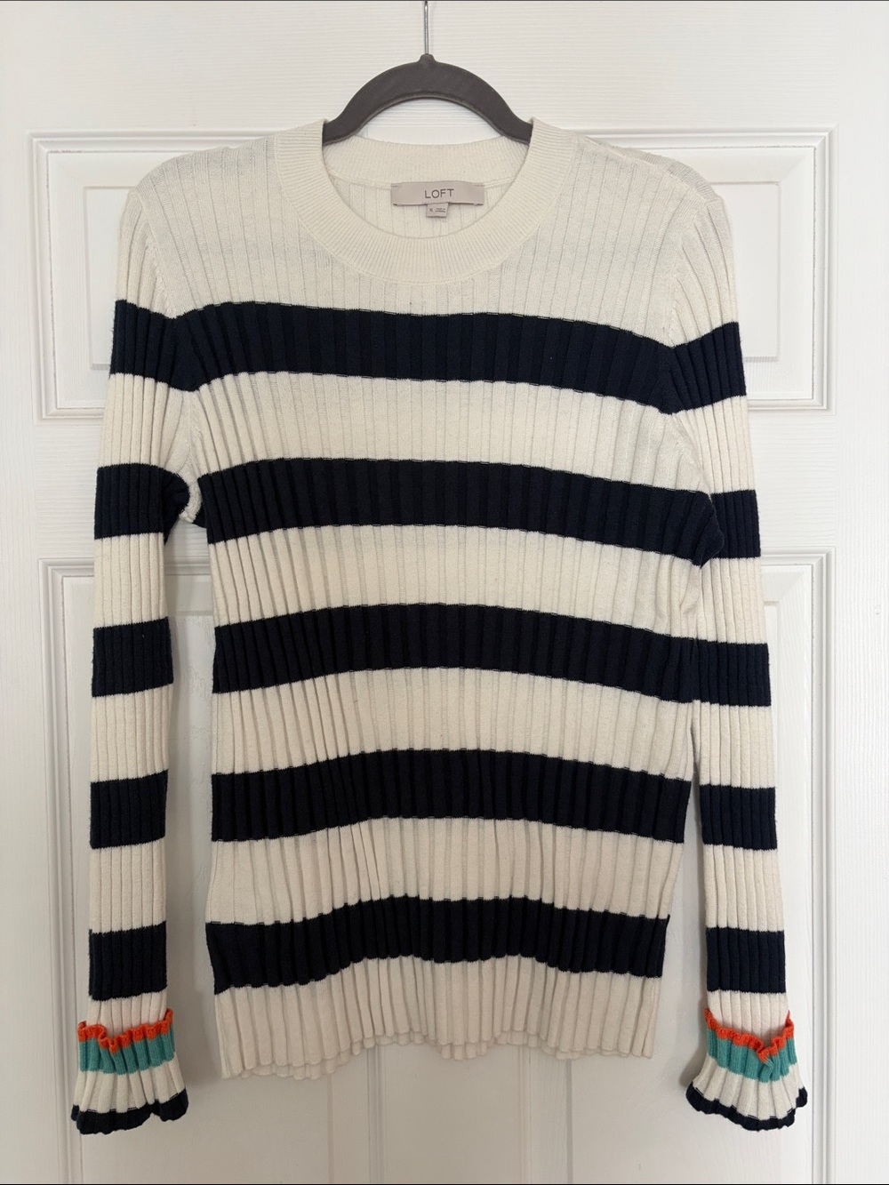 LOFT Navy, Cream & Accent-Trim Ribbed Crewneck Sweater